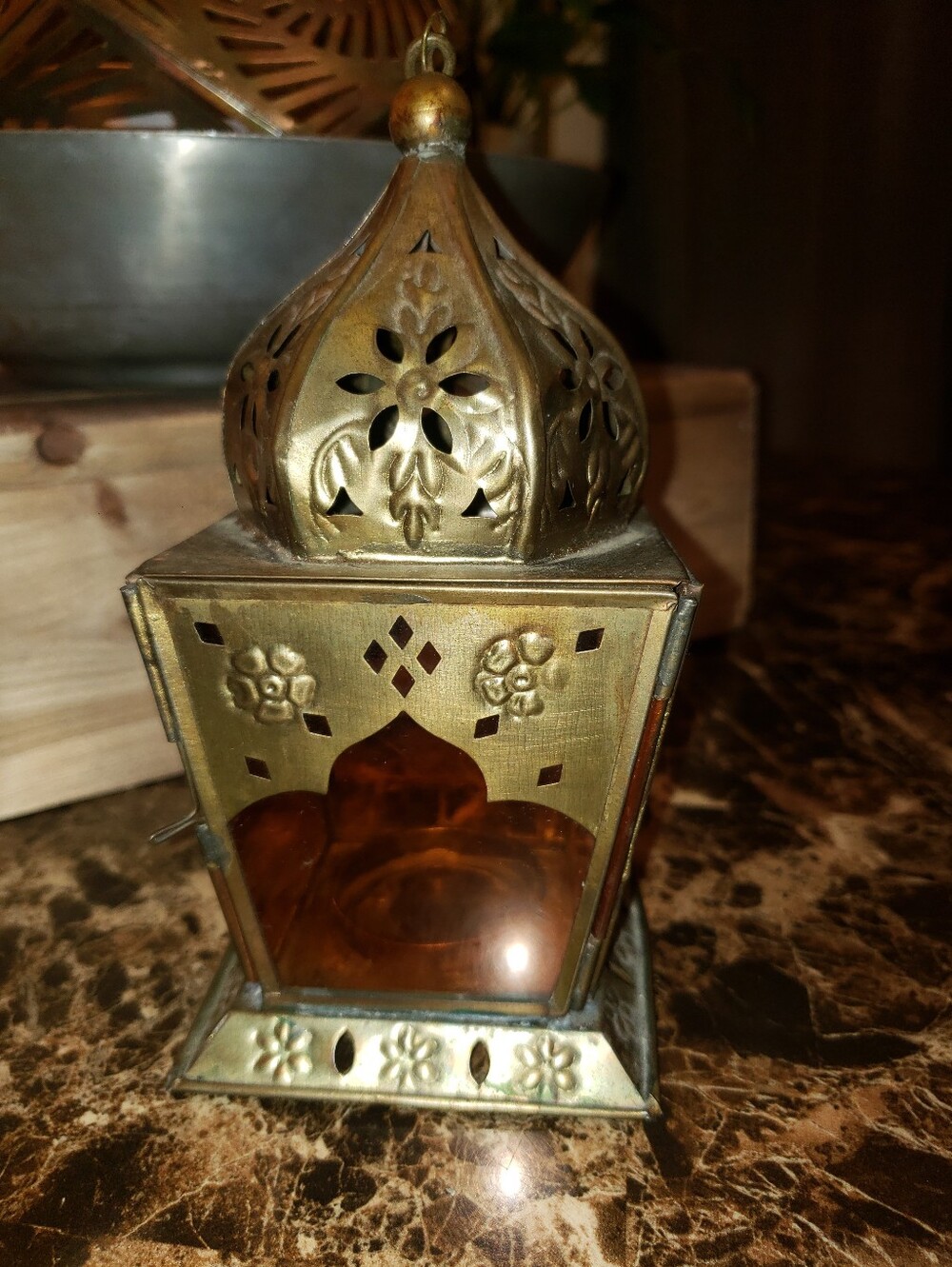 Vintage Moroccan Style Embossed Brass Orange Glass Lantern